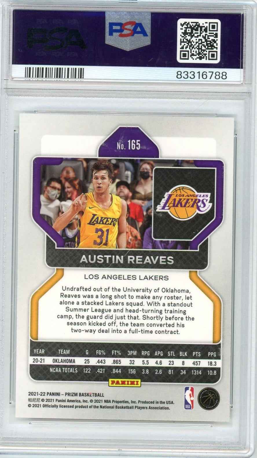 Graded 2021 Panini Prizm Austin Reaves #165 Rookie RC Basketball Card PSA 8 Auto Grade Near Mint