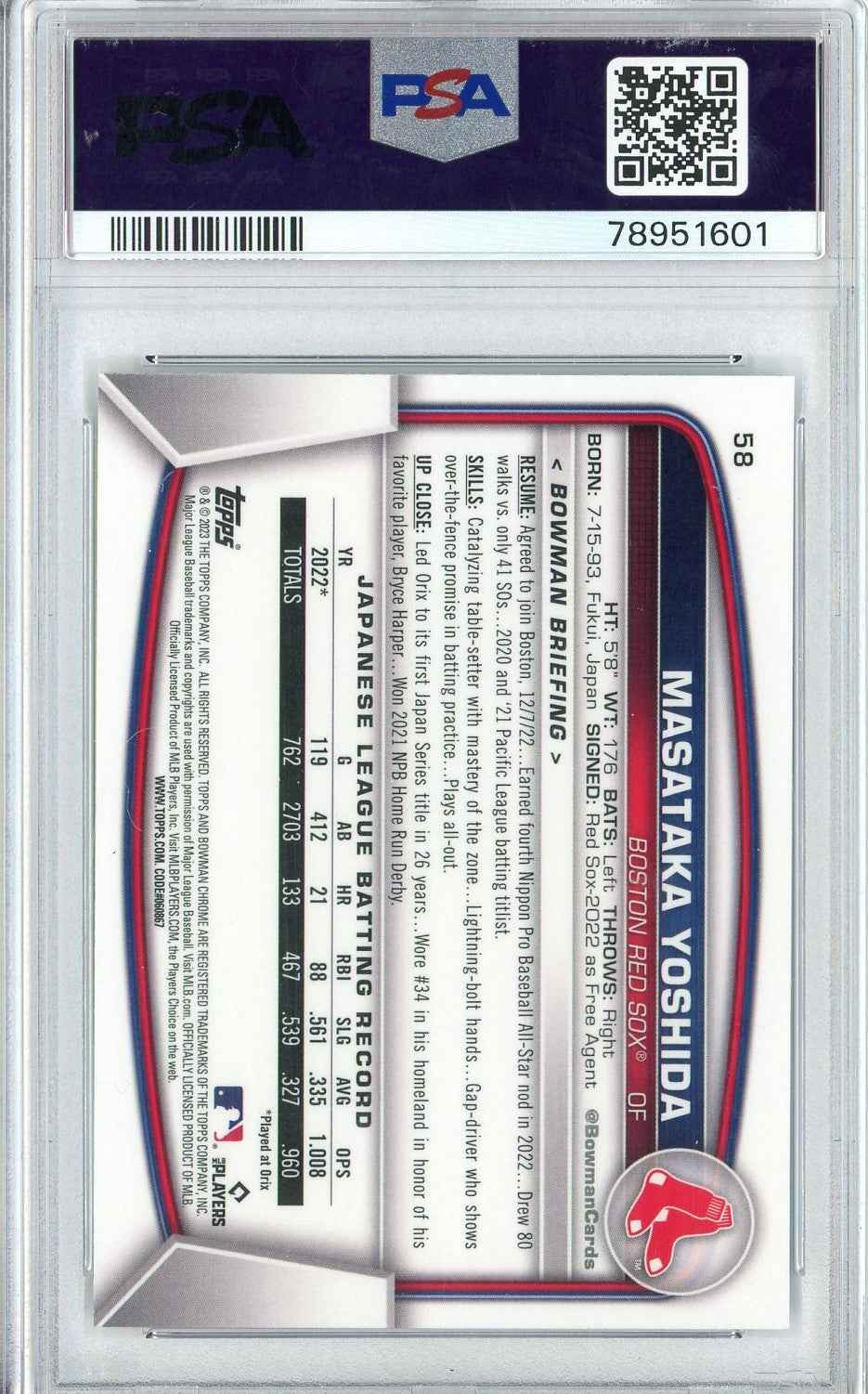 Graded 2023 Bowman Chrome M/B Masataka Yoshida #58 Rookie RC Baseball Card PSA 10 Gem Mint