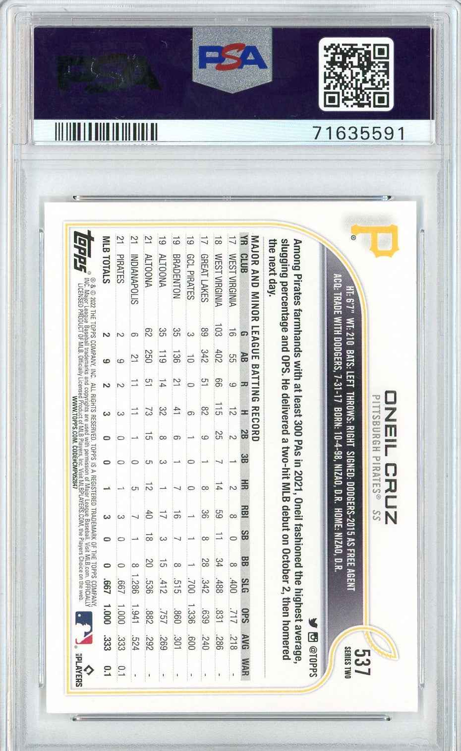 Graded 2022 Topps Oneil Cruz #537 Rookie RC Baseball Card PSA 10 Gem Mint