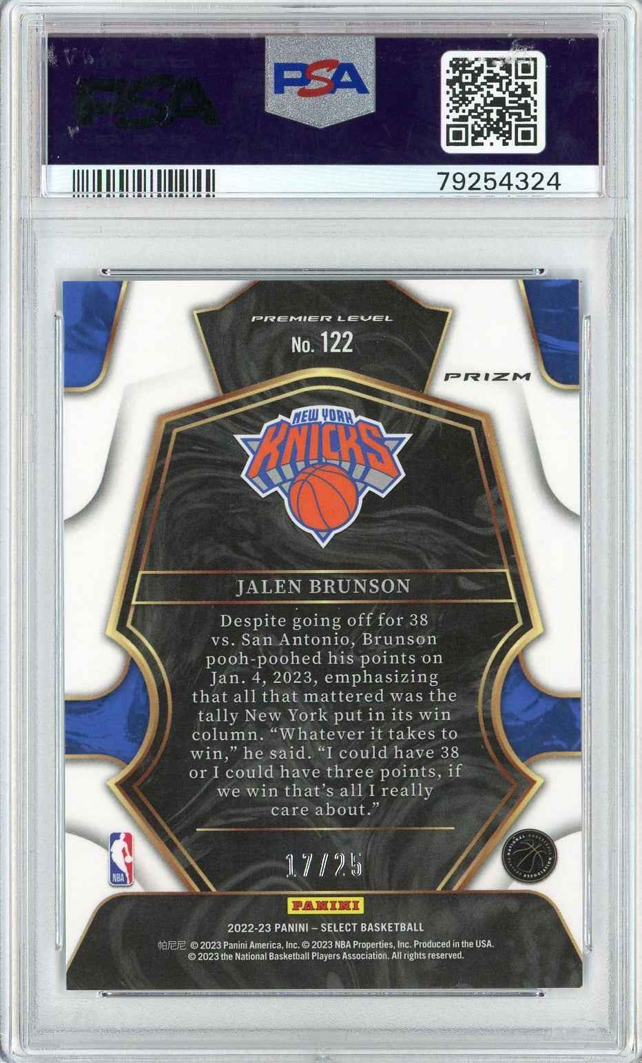 Graded 2022 Panini Select Jalen Brunson #122 Blue Disco Basketball Card PSA 10 Gem Mint