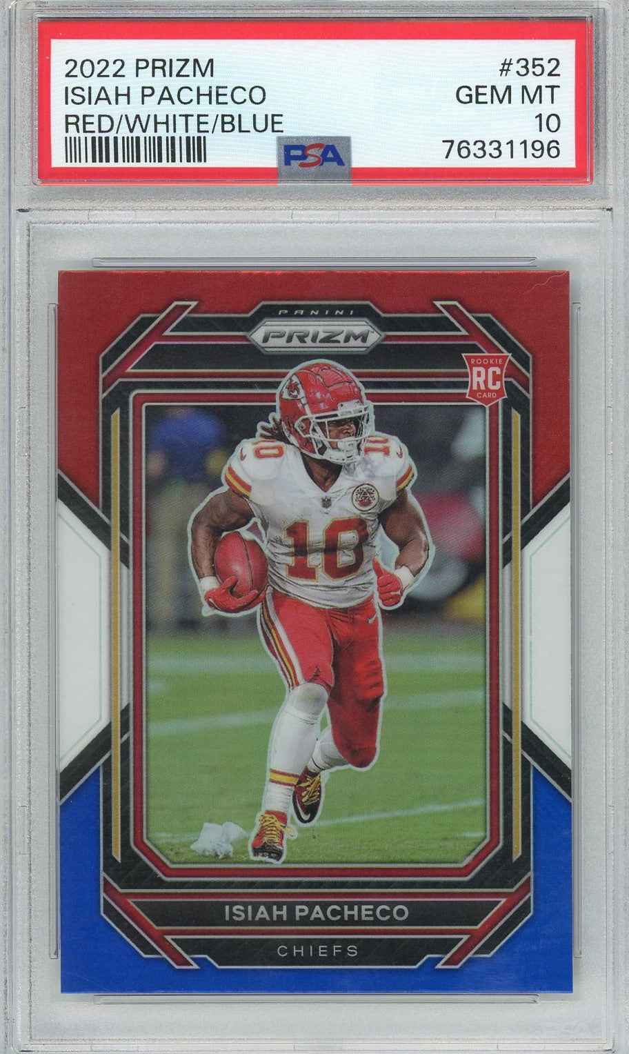 Graded 2022 Panini Prizm Isiah Pacheco #352 Red/White/Blue Rookie RC Football Card PSA 10 Gem Mint