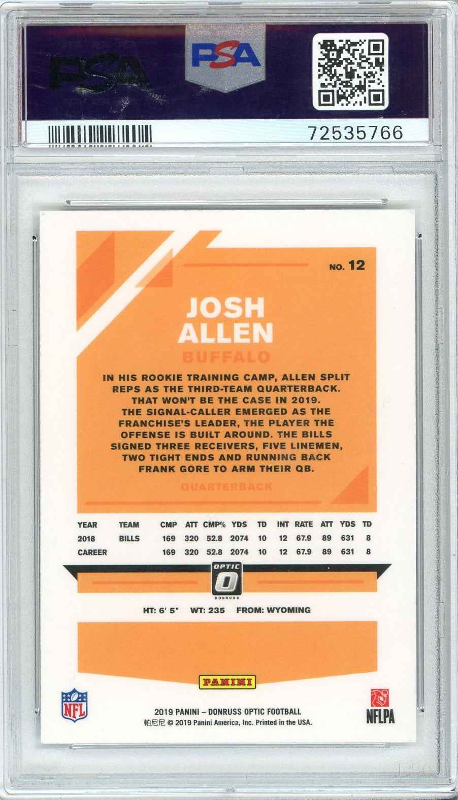 Graded 2019 Panini Donruss Optic Josh Allen #12 Football Card PSA 10 Gem Mint