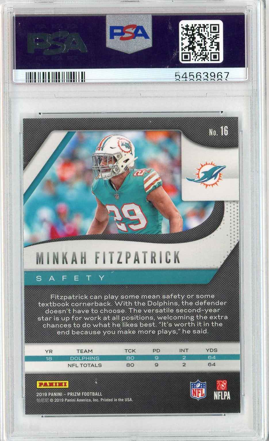 Graded 2019 Panini Prizm Minkah Fitzpatrick #16 Football Card PSA 10 Gem Mint