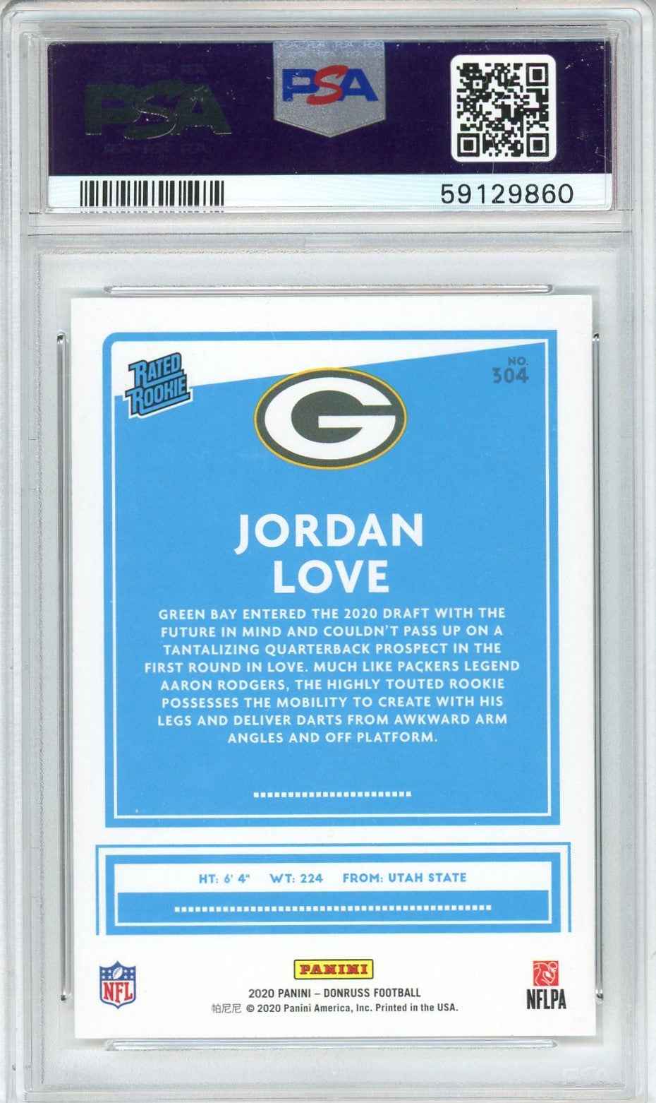 Graded 2020 Panini Donruss Jordan Love #304 Rookie RC Football Card PSA 10 Gem Mint