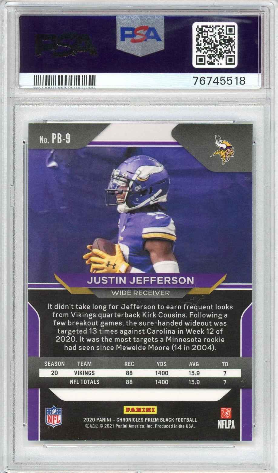 Graded 2020 Panini Chronicles Justin Jefferson #PB9 Prizm Black Rookie RC Football Card PSA 10 Gem Mint
