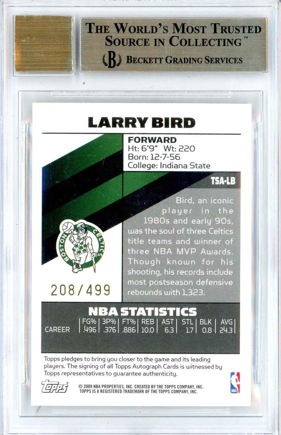 Graded 2008 Topps Signature Larry Bird #TSALB Basketball Card BGS 9.5 Auto BGS 10 Gem Mint