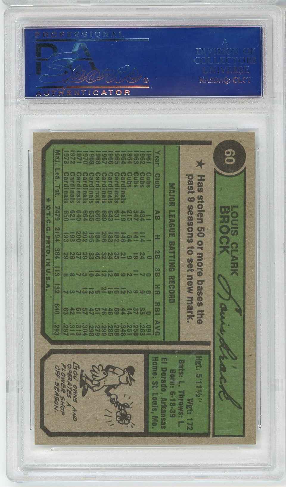 Graded 1974 Topps Lou Brock #60 Baseball Card PSA 9 Mint