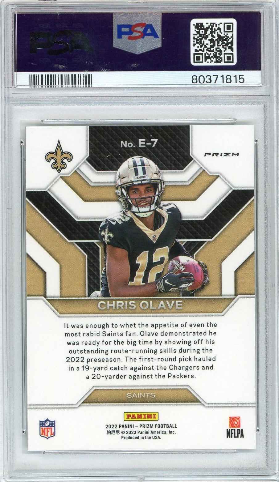 Graded 2022 Panini Prizm Chris Olave #E7 Emergent No Huddle Rookie RC Football Card PSA 10 Gem Mint