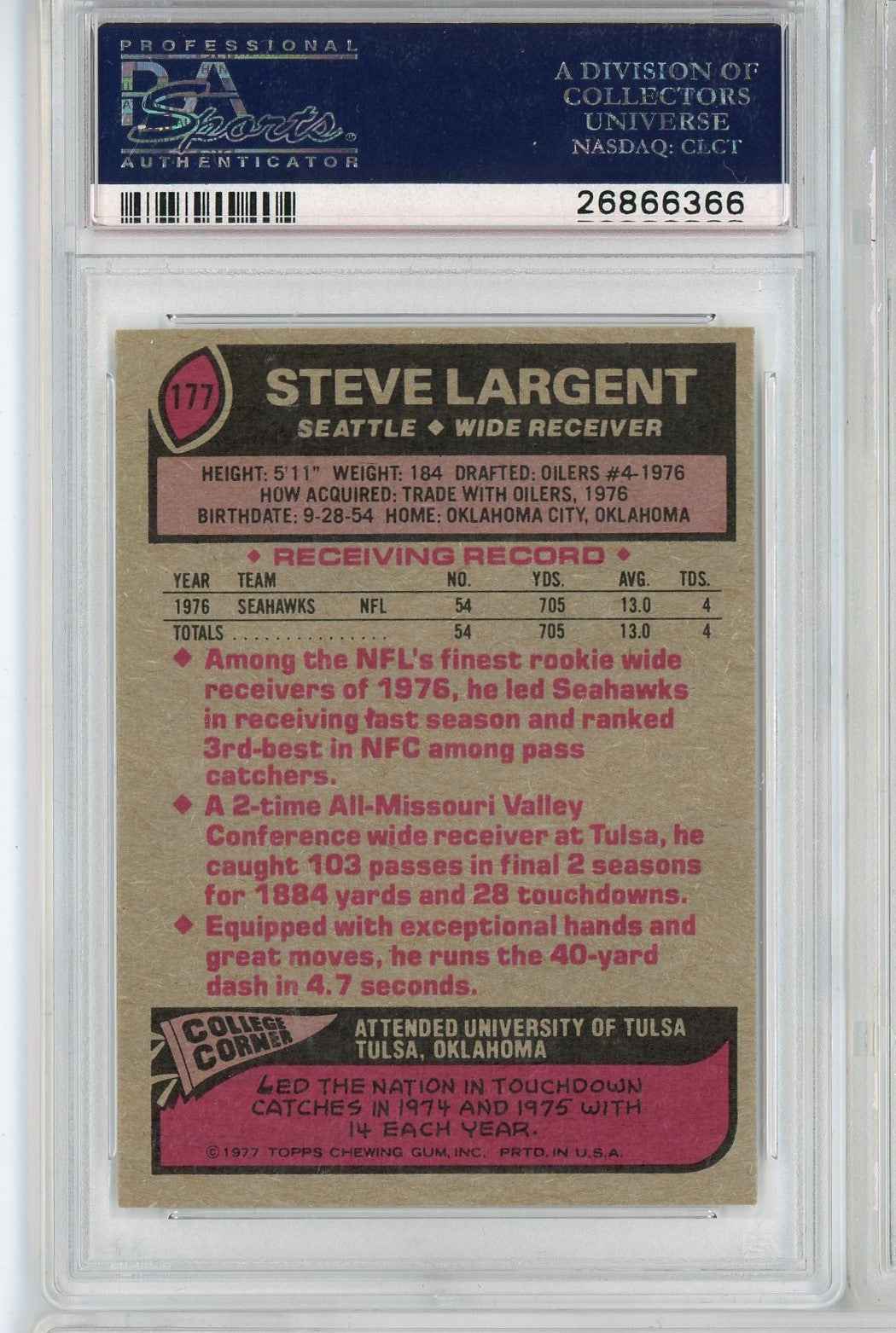 Graded 1977 Topps Steve Largent #177 Rookie RC Football Card PSA 9 OC Mint