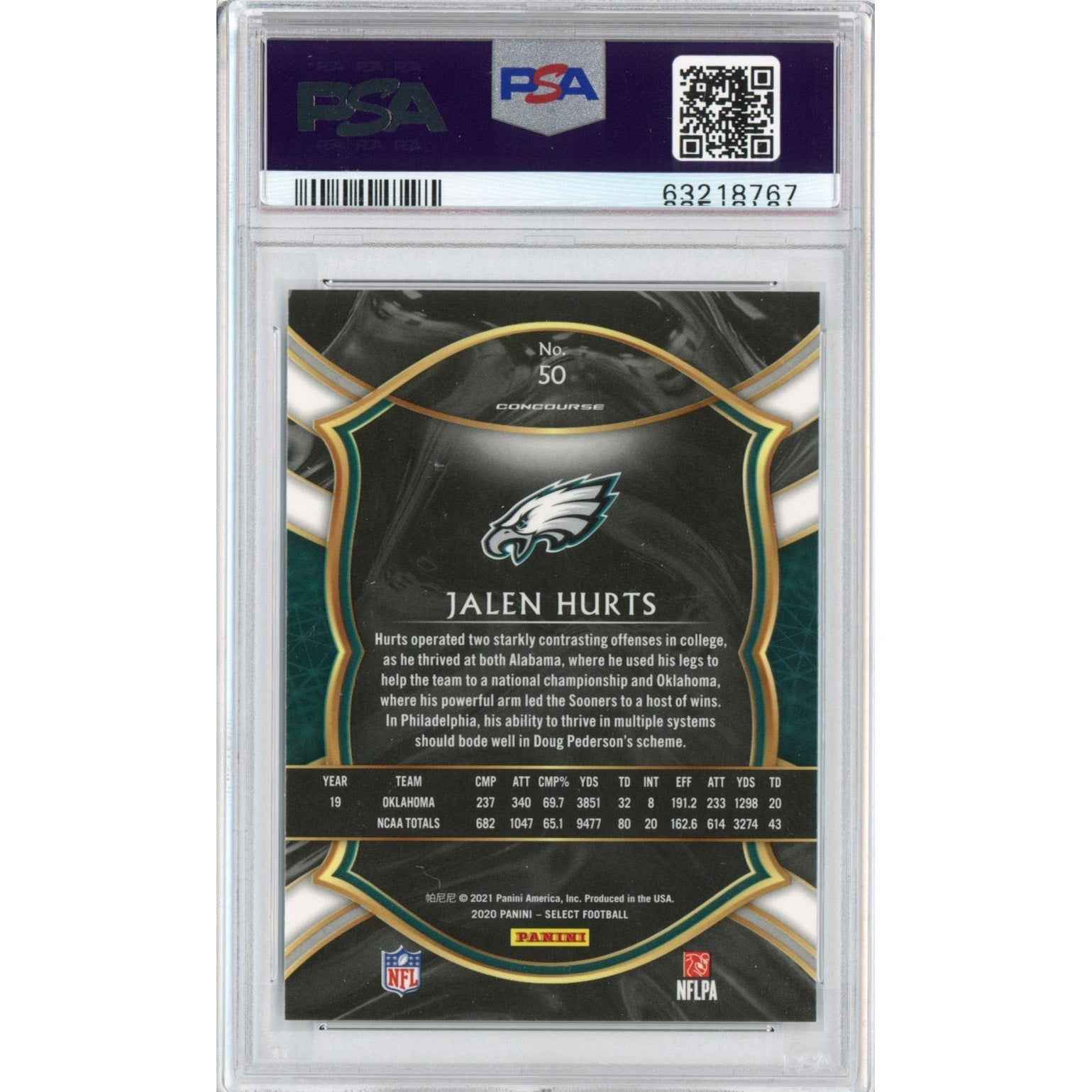 Graded 2020 Panini Select Jalen Hurts #50 Rookie RC Football Card PSA 10 Gem Mint