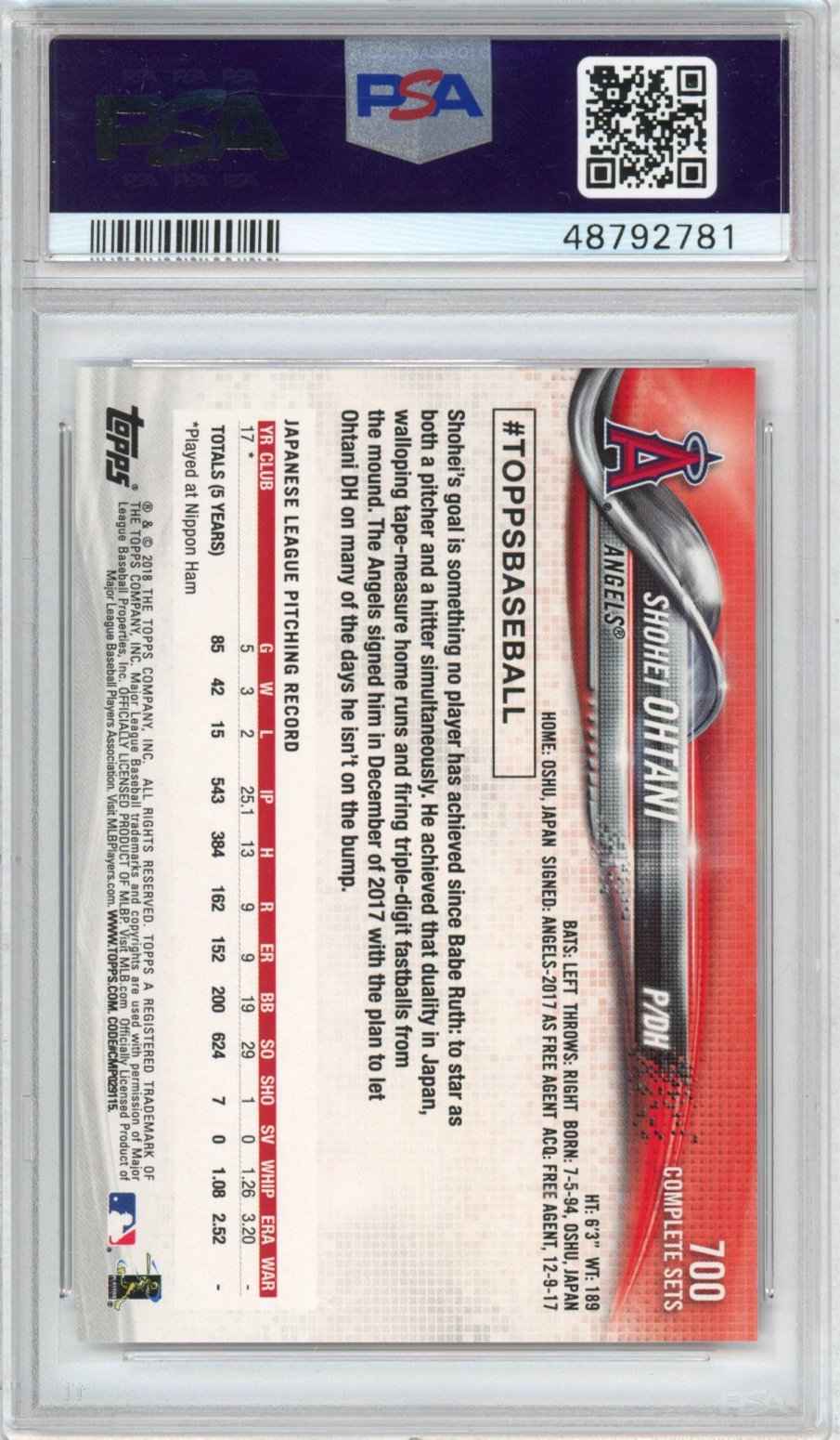 Graded 2018 Topps Complete Set Shohei Ohtani #700 Retail Rookie RC Baseball Card PSA 10 Gem Mint
