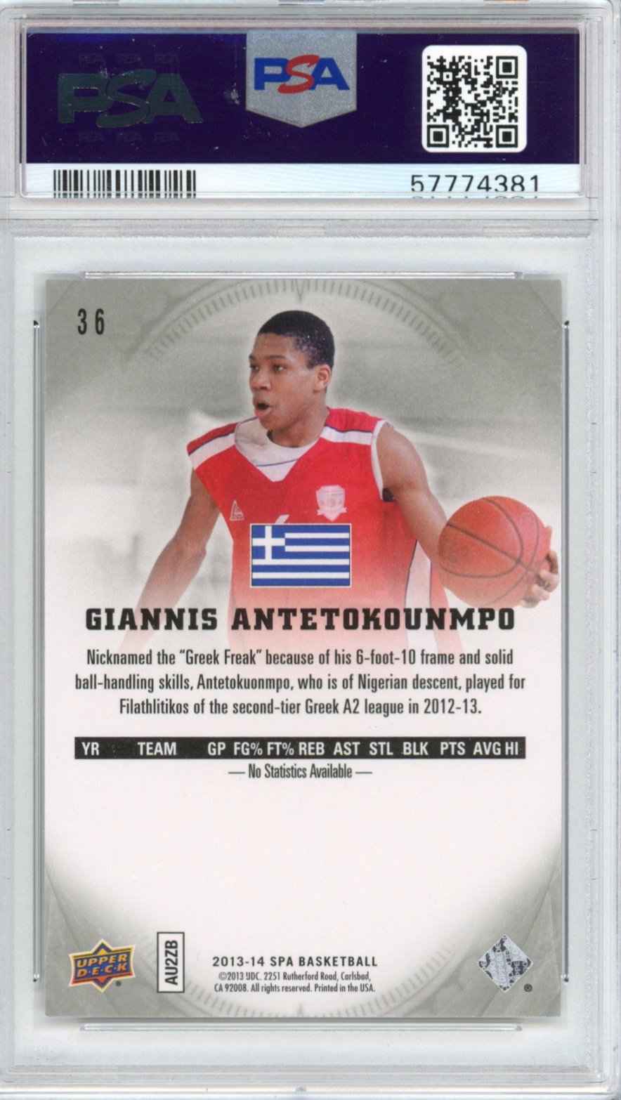 Graded 2013-14 Upper Deck UD SP Authentic Giannis Antetokounmpo #36 Rookie RC Basketball Card PSA 10 Gem Mint