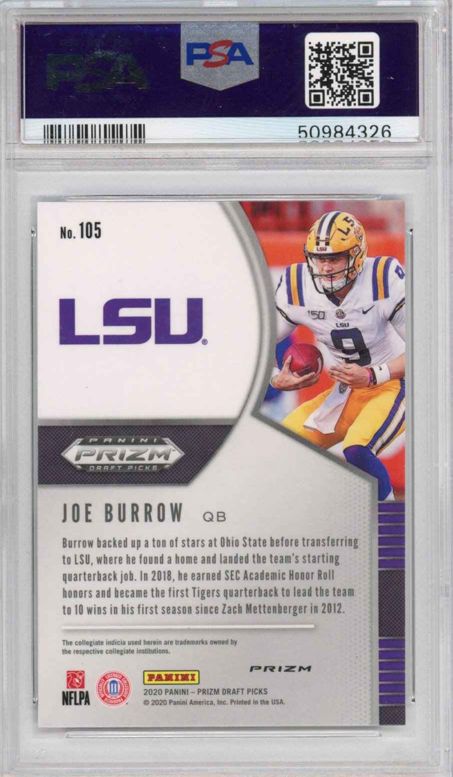 Graded 2020 Panini Prizm Draft Picks DP Joe Burrow #105 Silver Rookie RC Football Card PSA 9 Mint