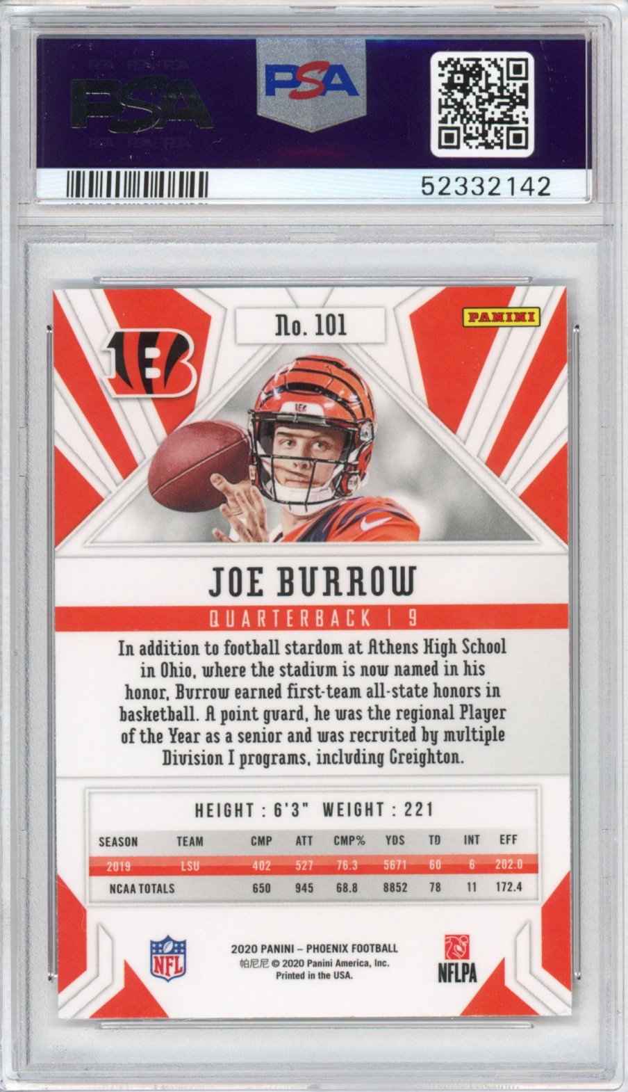 Graded 2020 Panini Phoenix Joe Burrow #101 Rookie RC Football Card PSA 9 Mint