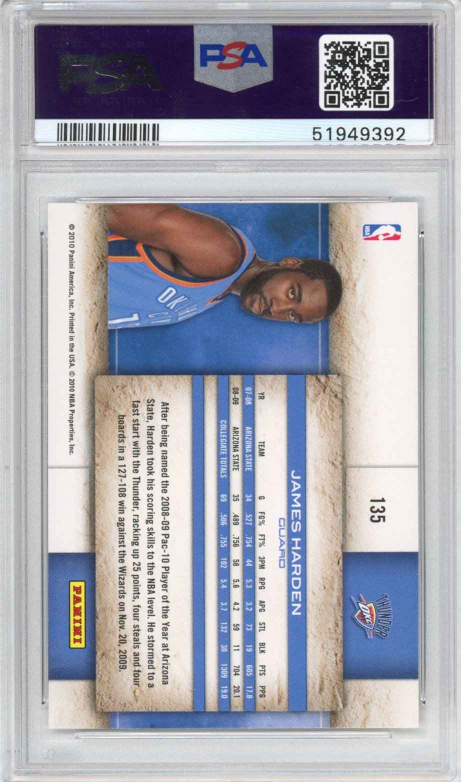 Graded 2009-10 Panini Studio James Harden #135 Rookie RC Basketball Card PSA 10 Gem Mint