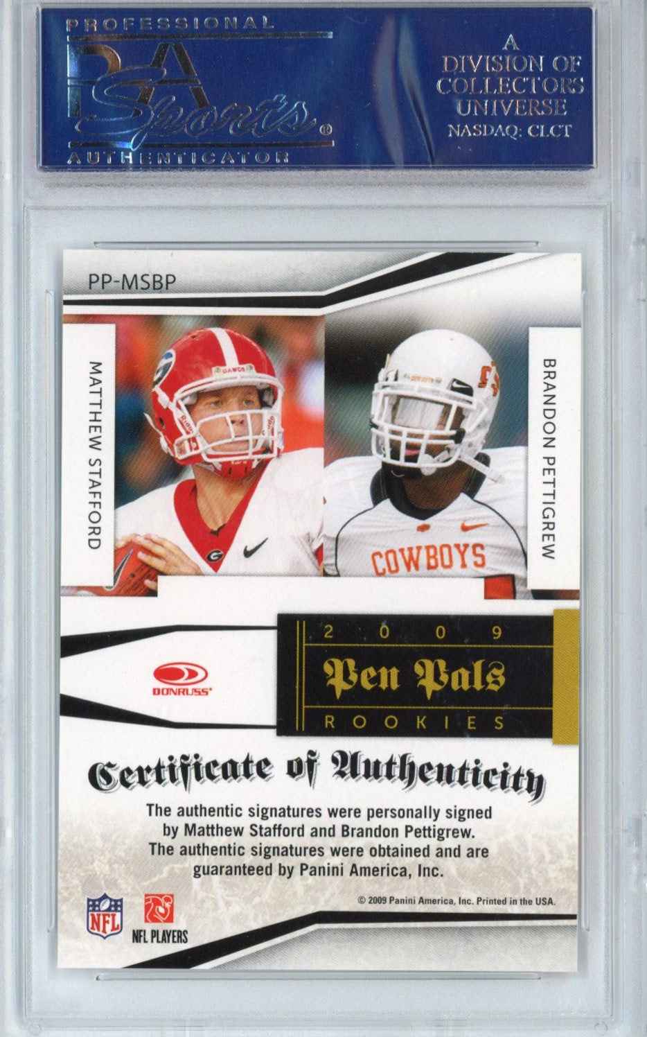 Graded 2009 Panini Playoff National Treasures Matthew Stafford Brandon Pettigrew #MSBP Pen Pals Rookie RC Auto Football Card PSA 10 Gem Mint