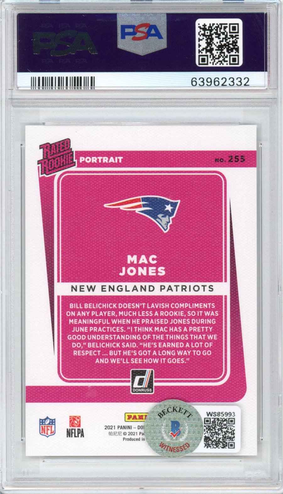 Graded 2021 Panini Donruss Mac Jones #255 AUTO Portrait Rookie RC Football Card PSA 10 Gem Mint Beckett BAS COA