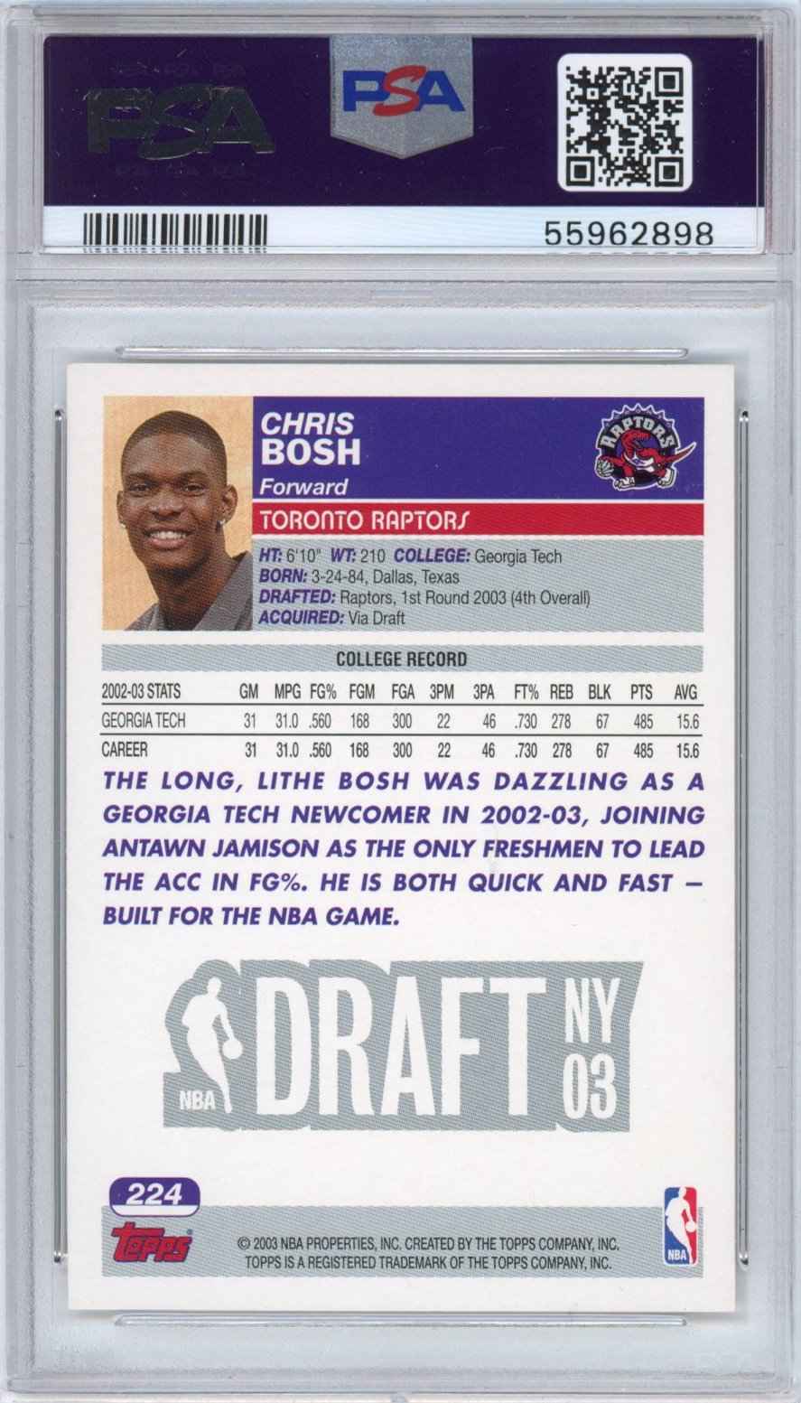Graded 2003-04 Topps Chris Bosh #224 Rookie RC Basketball Card PSA 10 Gem Mint
