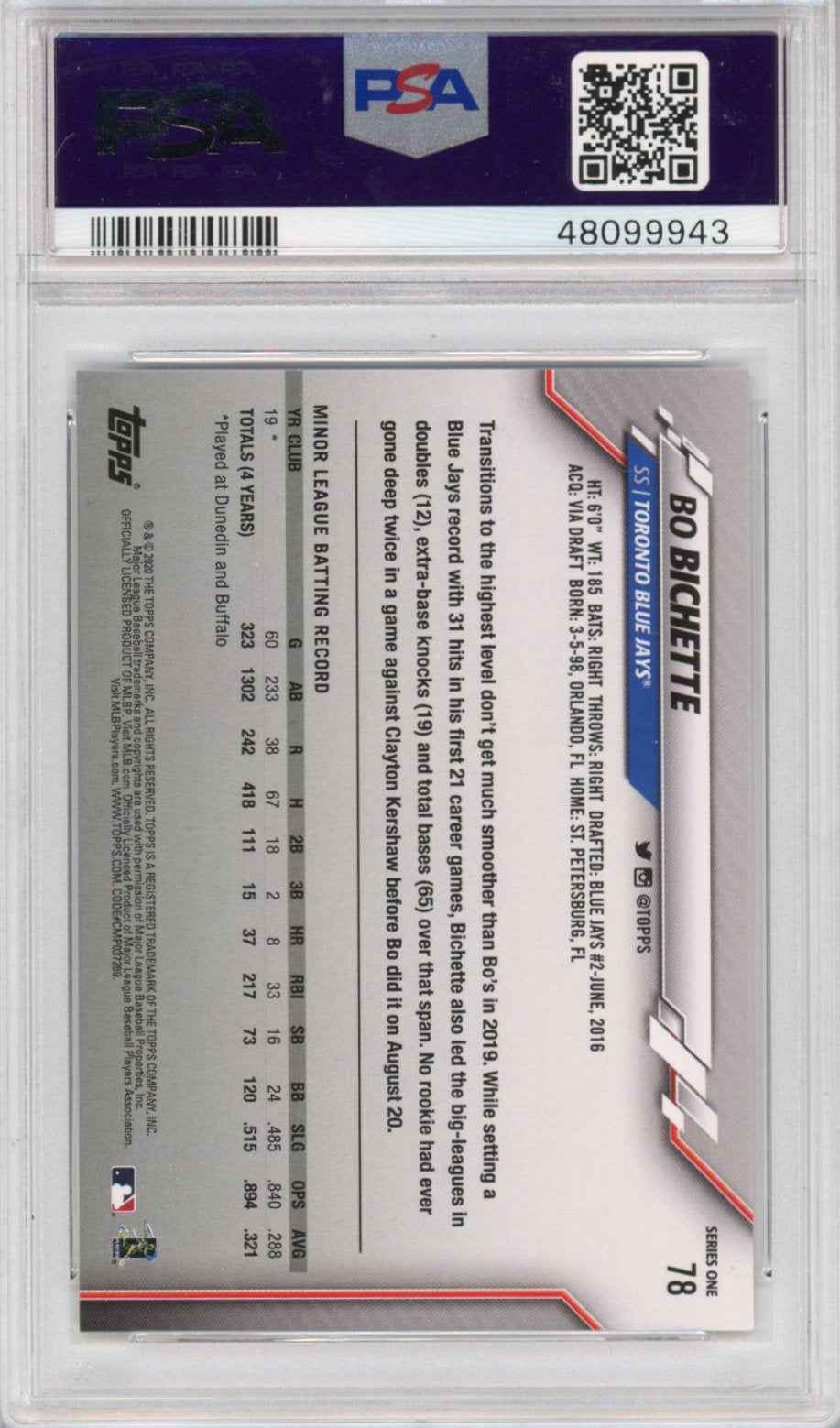 Graded 2020 Topps Bo Bichette #78 Rookie RC Baseball Card PSA 9 Mint