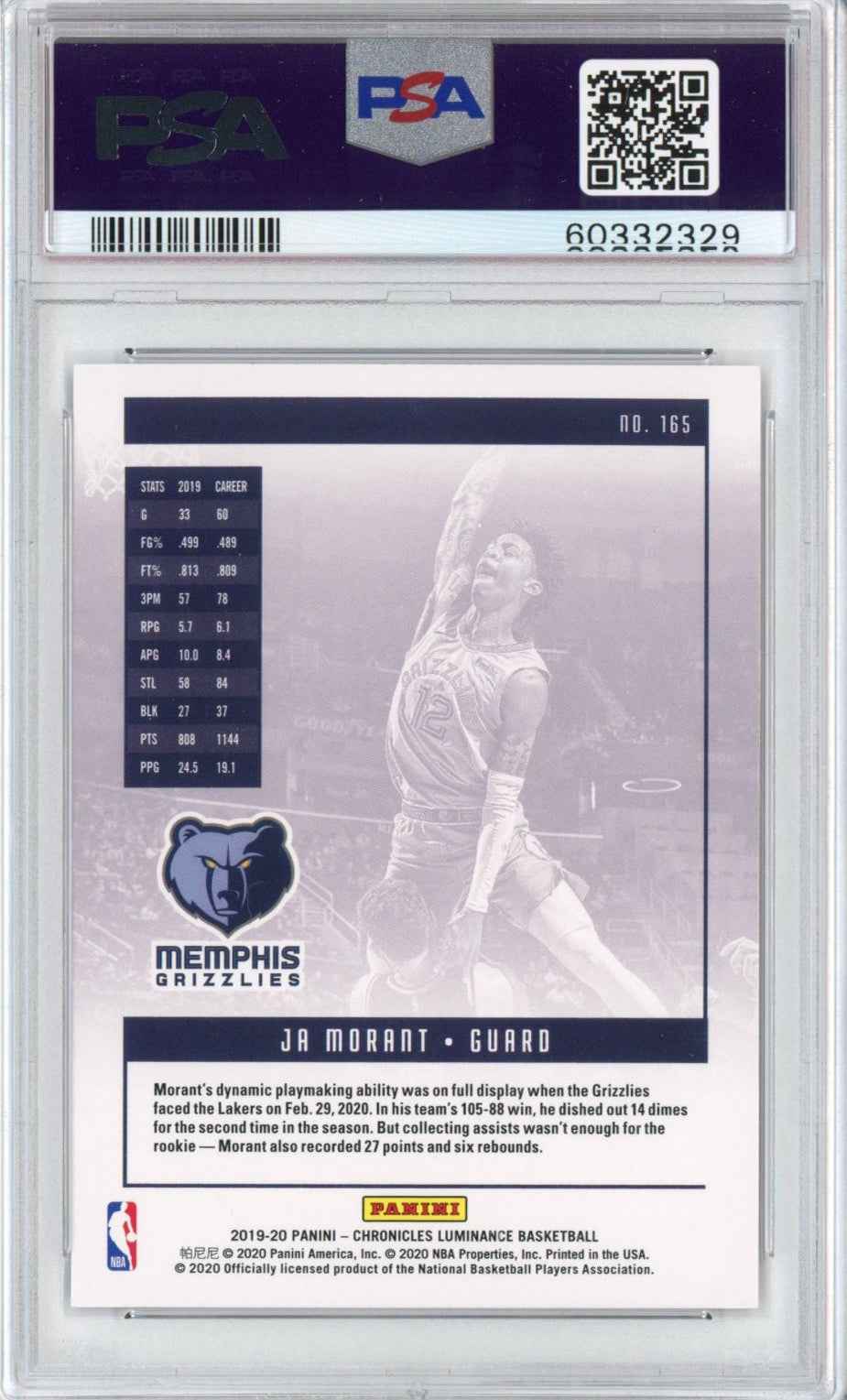 Graded 2019-20 Panini Chronicles Ja Morant #165 Kevin Love Dunk Rookie RC Basketball Card PSA 10 Gem Mint