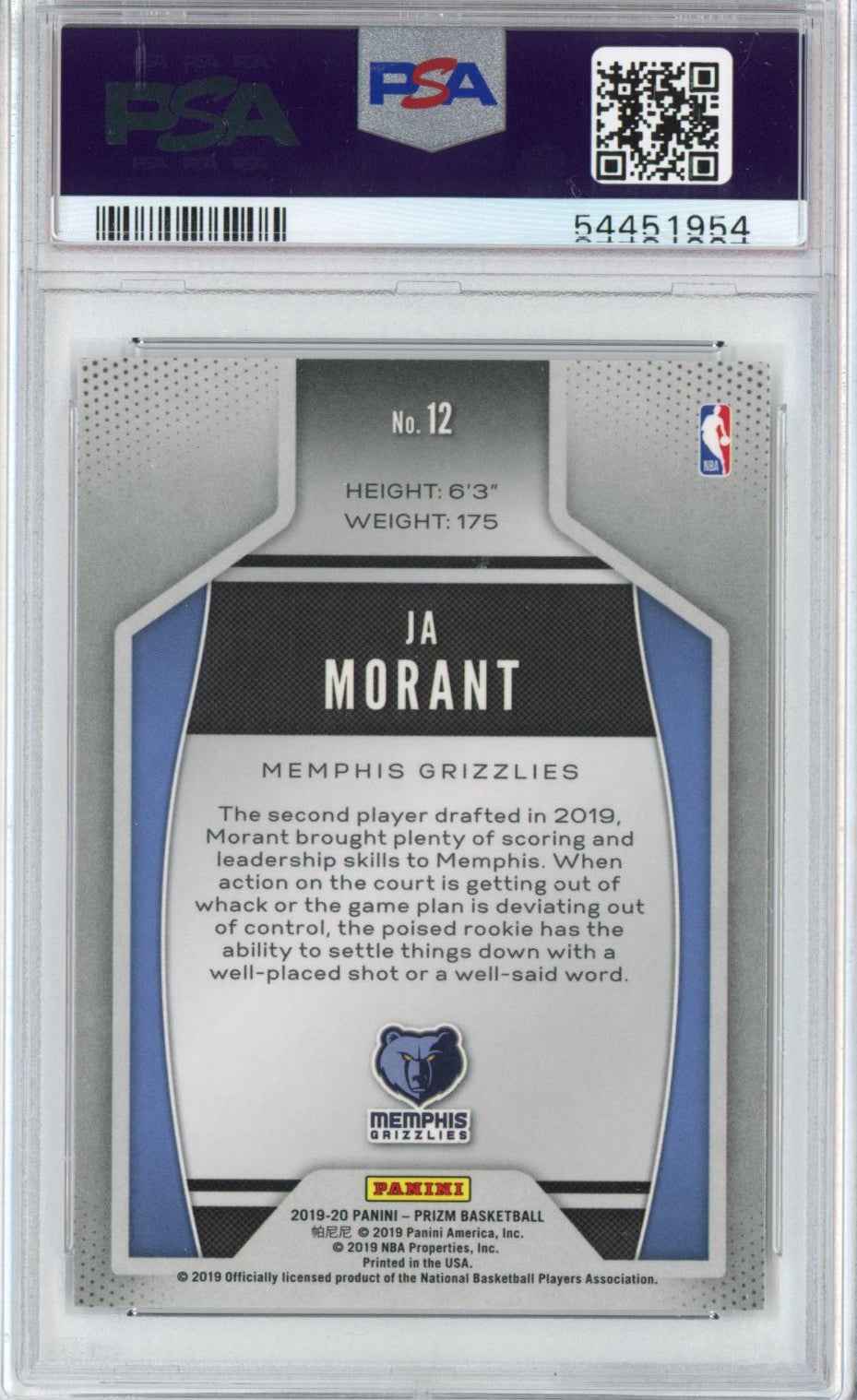 Graded 2019-20 Panini Prizm Ja Morant #12 Instant Impact Rookie RC Basketball Card PSA 10 Gem Mint
