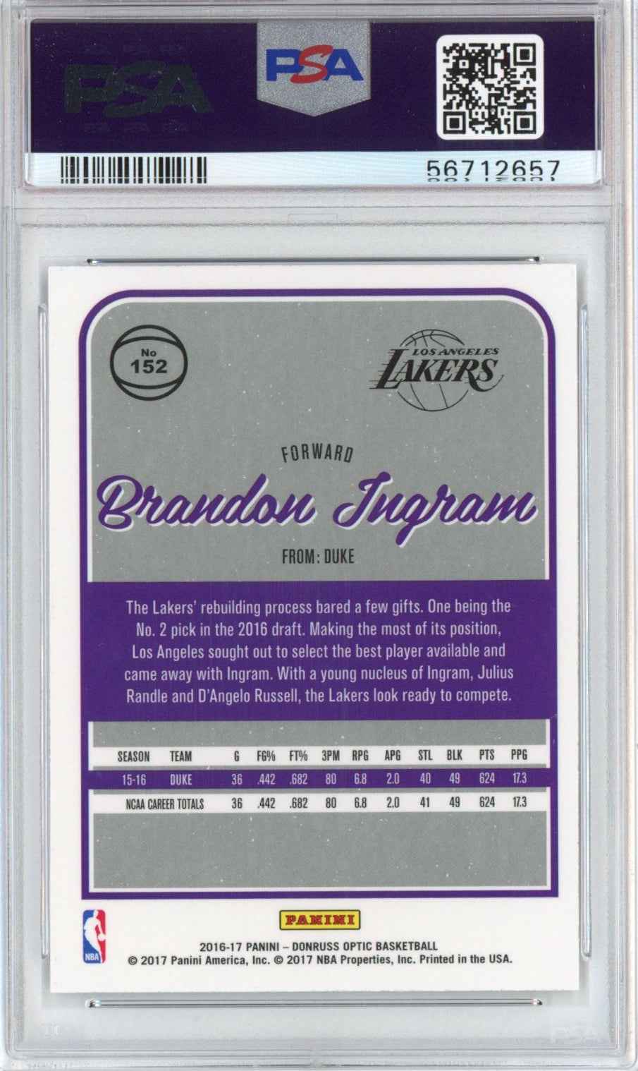 Graded 2016-17 Panini Donruss Optic Brandon Ingram #152 Rookie RC Basketball Card PSA 10 Gem Mint