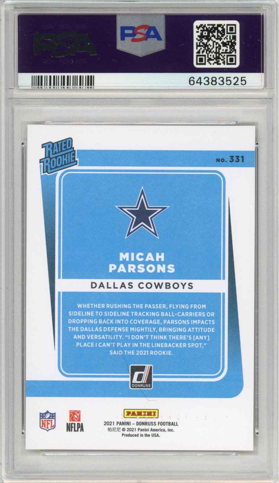 Graded 2021 Panini Donruss Micah Parsons #331 Press Proof Premium Rated Rookie RC Football Card PSA 10 Gem Mint