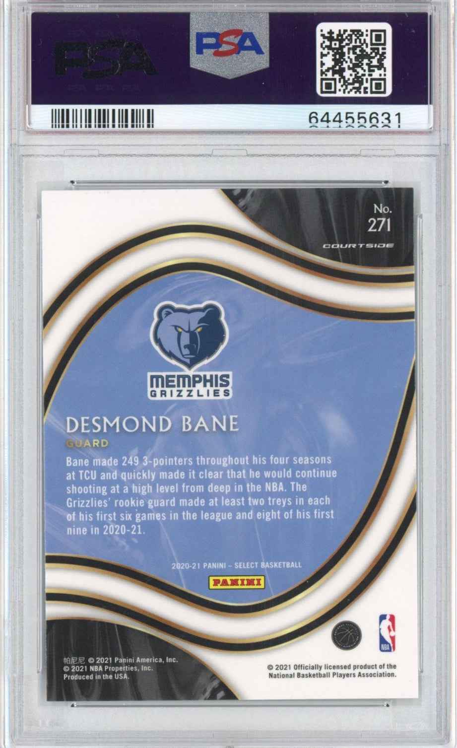 Graded 2020-21 Panini Select Desmond Bane #271 Courtside Rookie RC Basketball Card PSA 10 Gem Mint