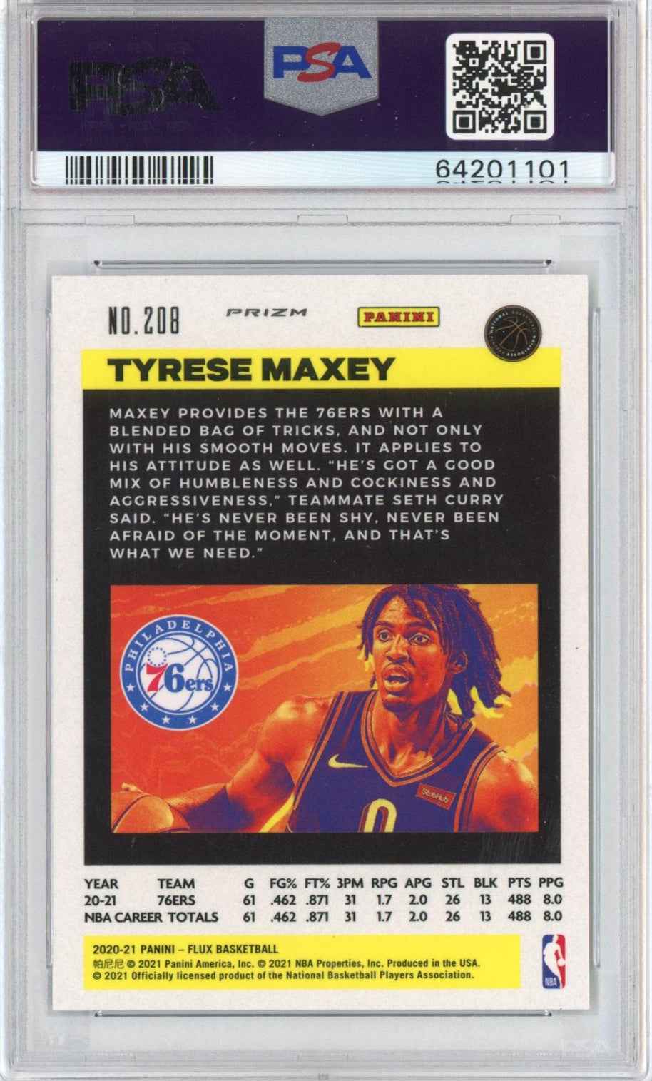 Graded 2020-21 Panini Flux Tyrese Maxey #208 Light Blue Rookie RC Basketball Card PSA 10 Gem Mint