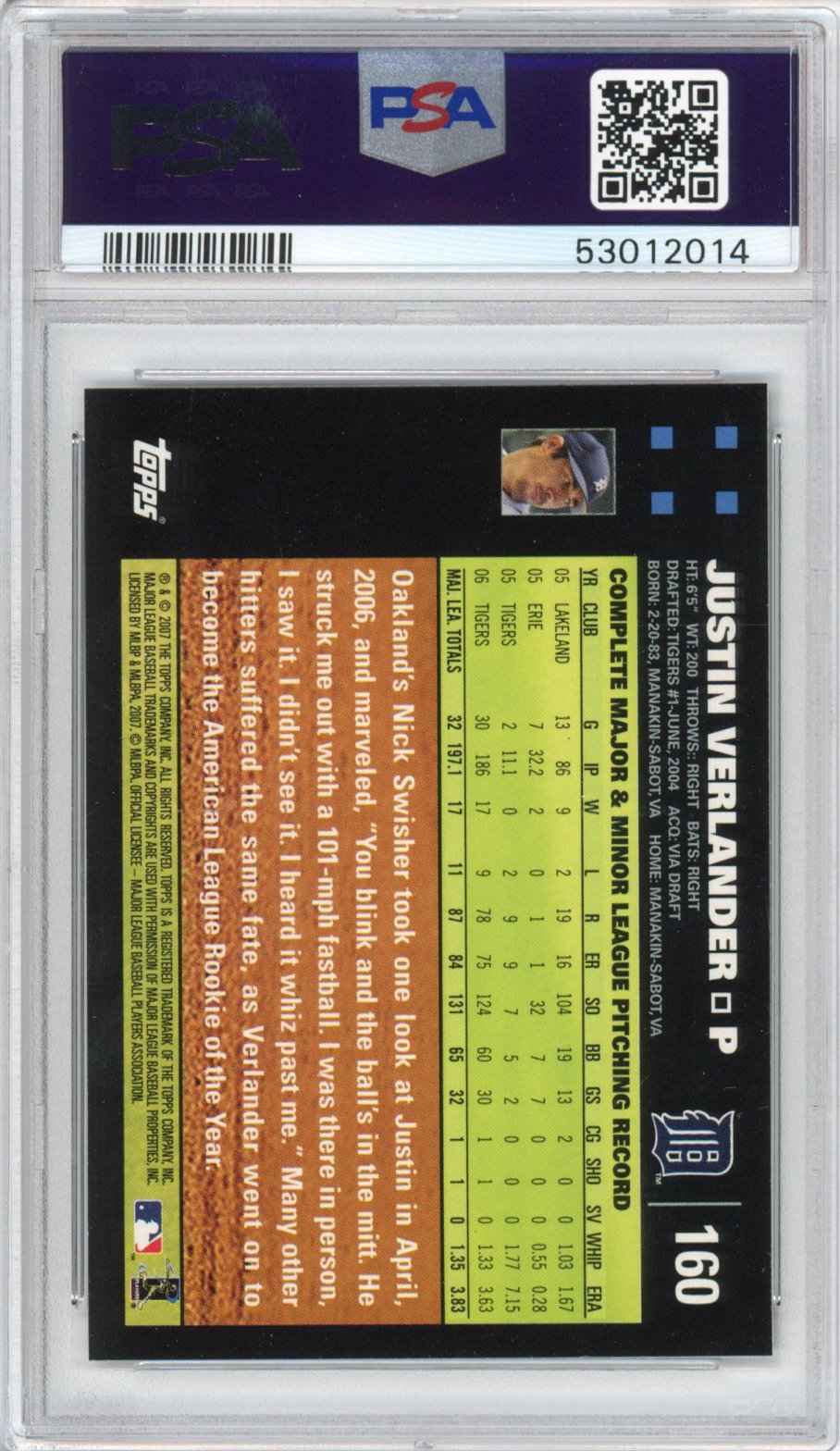 Graded 2007 Topps Justin Verlander #160 Rookie Cup RC Baseball Card PSA 10 Gem Mint