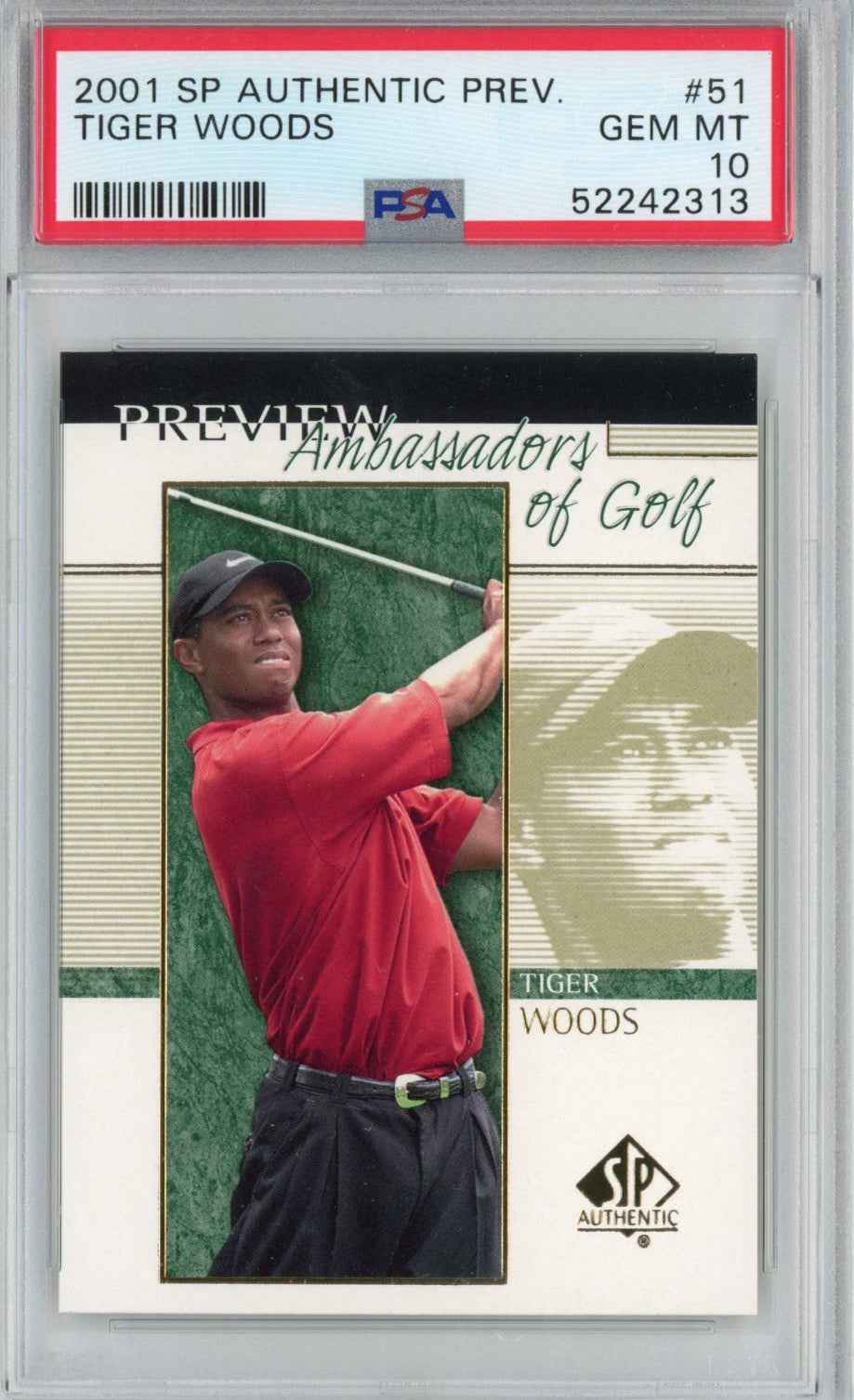 Graded 2001 Upper Deck UD Golf SP Authentic Preview Tiger Woods #51 Rookie RC Golf Card PSA 10 Gem Mint