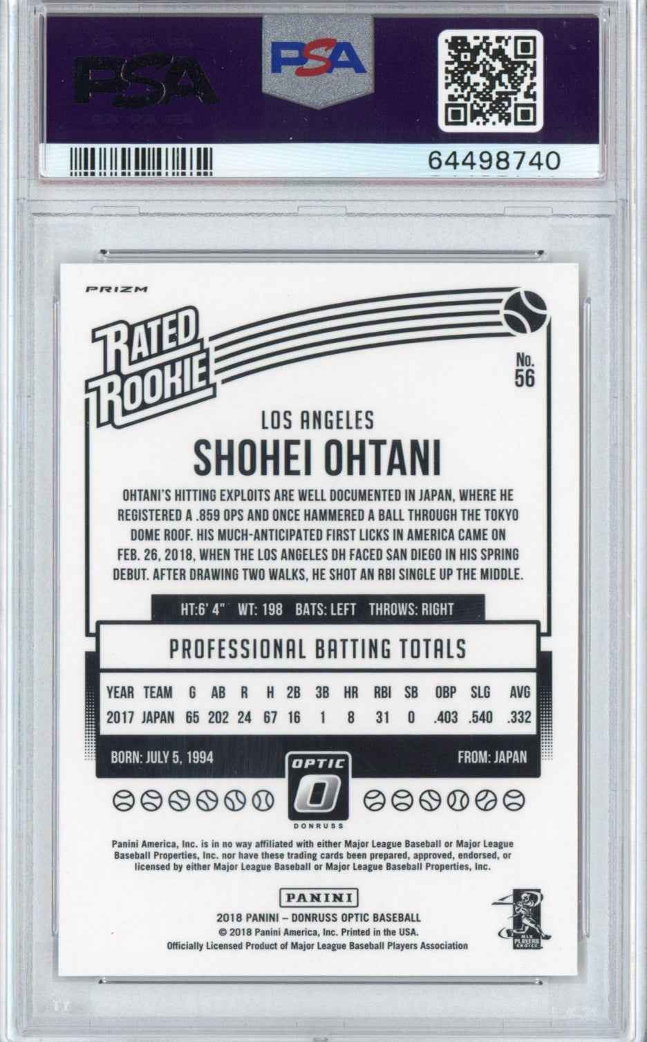 Graded 2018 Panini Donruss Optic Shohei Ohtani #56 Running Pink Refractor Rookie RC Baseball Card PSA 10 Gem Mint