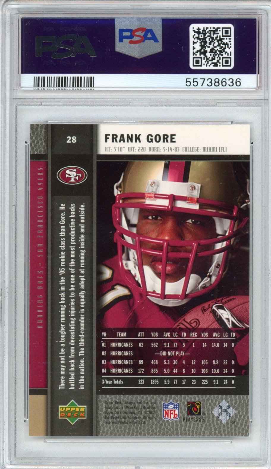 Graded 2005 Upper Deck UD Premiere Frank Gore #28 Rookie RC Football Card PSA 10 Gem Mint