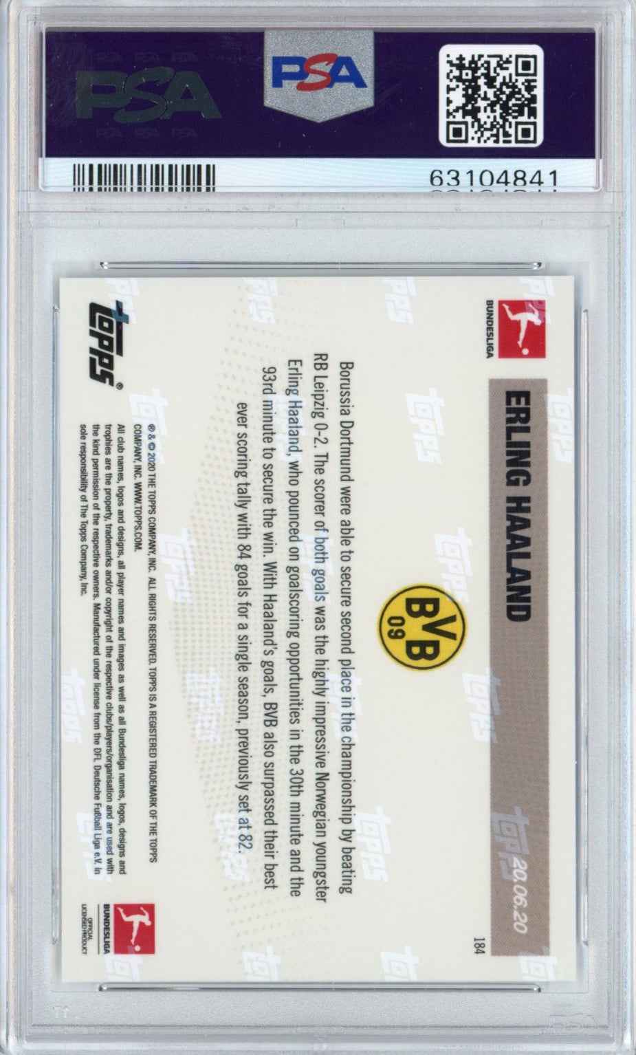Graded 2019 Topps Now Erling Haaland #184 Bundesliga Rookie RC Soccer Card PSA 10 Gem Mint