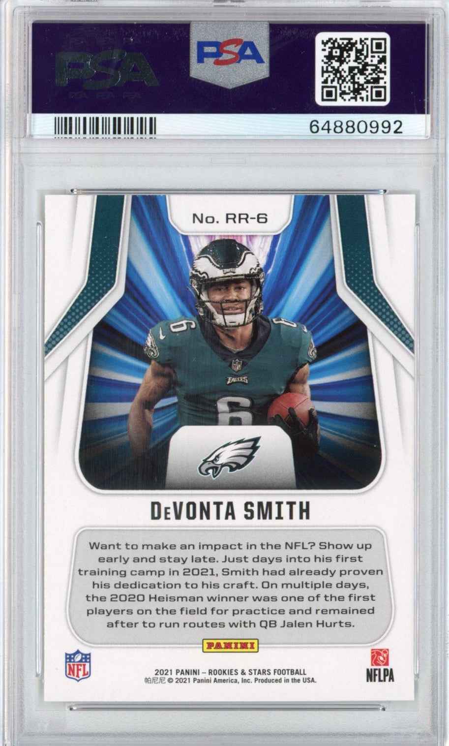 Graded 2021 Panini Rookies & Stars DeVonta Smith #RR-6 Rookie Rush RC Football Card PSA 10 Gem Mint
