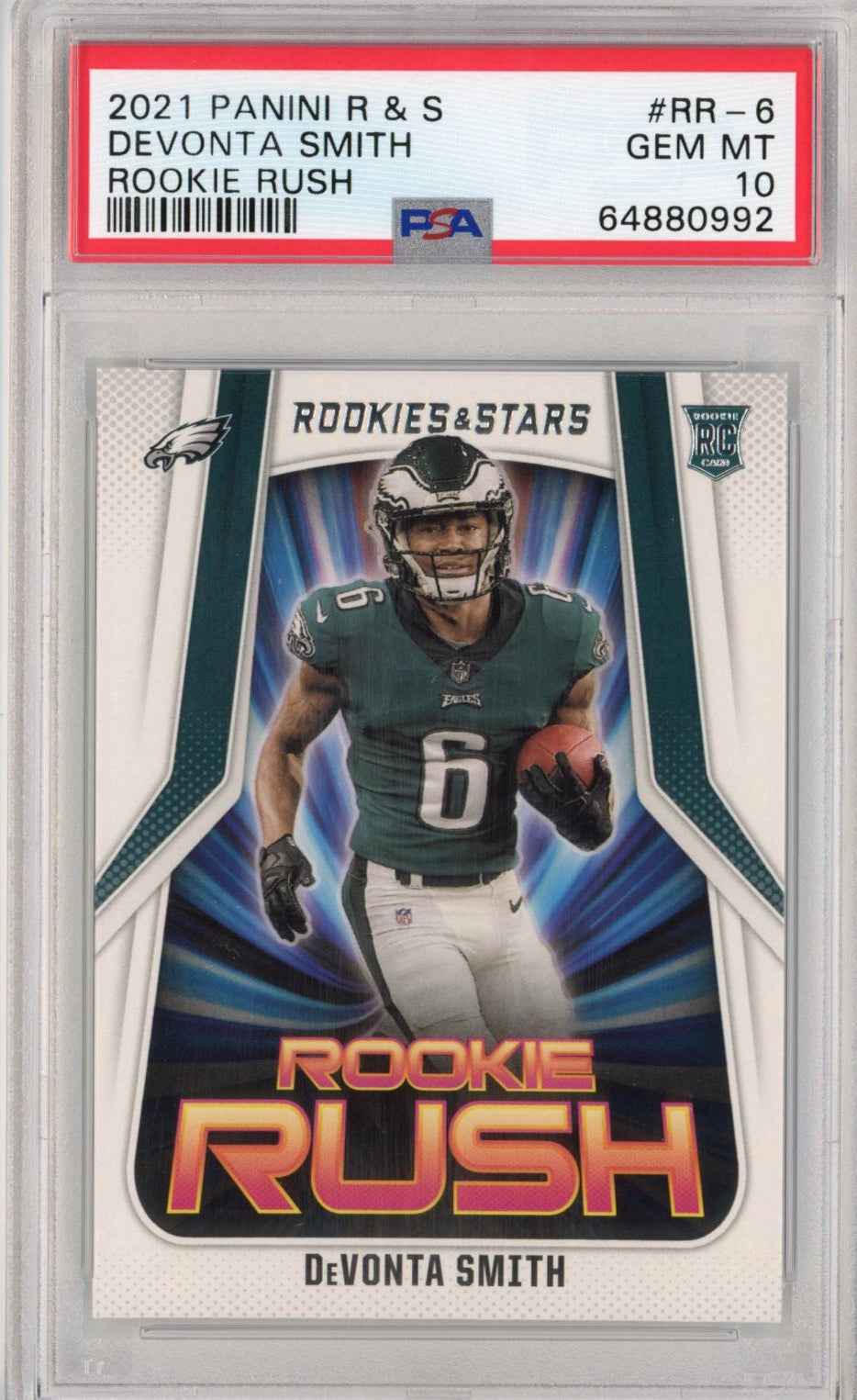 Graded 2021 Panini Rookies & Stars DeVonta Smith #RR-6 Rookie Rush RC Football Card PSA 10 Gem Mint