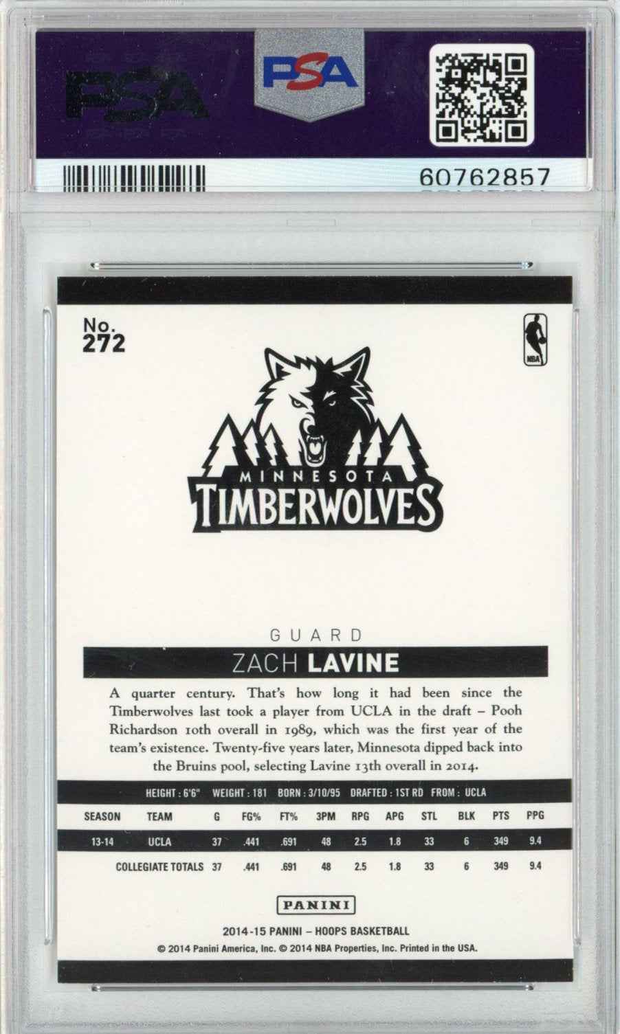 Graded 2014-15 Panini Hoops Zach LaVine #272 Rookie RC Basketball Card PSA 10 Gem Mint