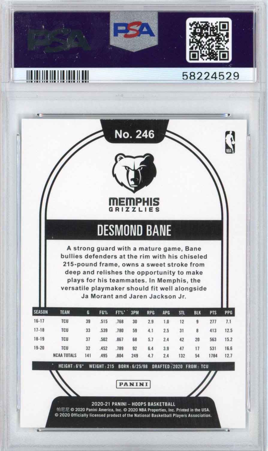 Graded 2020-21 Panini Hoops Desmond Bane #246 Rookie RC Basketball Card PSA 10 Gem Mint