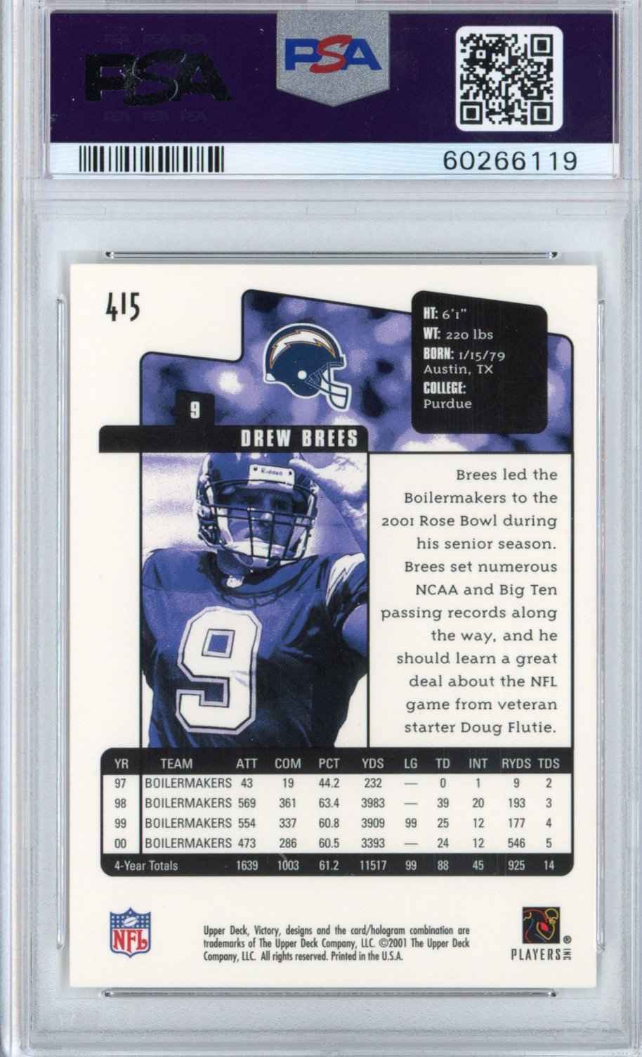 Graded 2001 Victory Drew Brees #415 Rookie RC Football Card PSA 10 Gem Mint