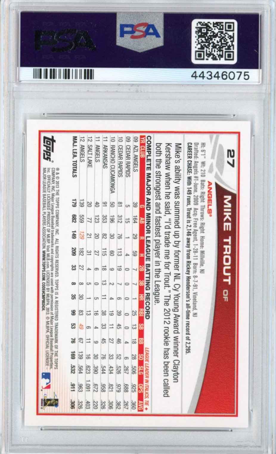 Graded 2013 Topps Opening Day Mike Trout #27 Rookie Cup RC Baseball Card PSA 10 Gem Mint