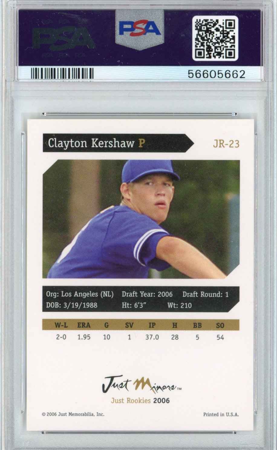 Graded 2006 Just Rookies Clayton Kershaw #JR-23 Rookie RC Baseball Card PSA 10 Gem Mint