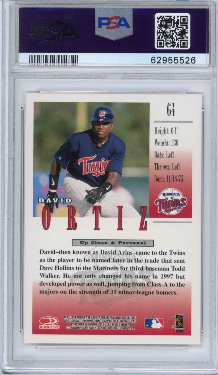 Graded 1998 Donruss Studio David Ortiz #64 Rookie RC Baseball Card PSA 9 Mint