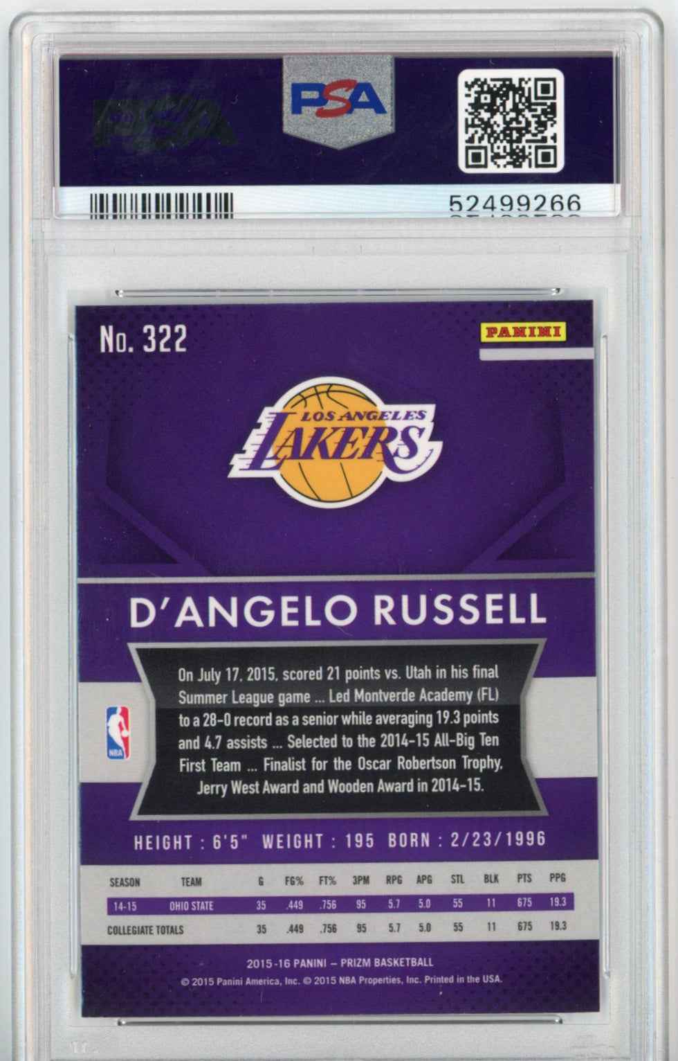 Graded 2015-16 Panini Prizm D'Angelo Russell #322 Rookie RC Basketball Card PSA 10 Gem Mint