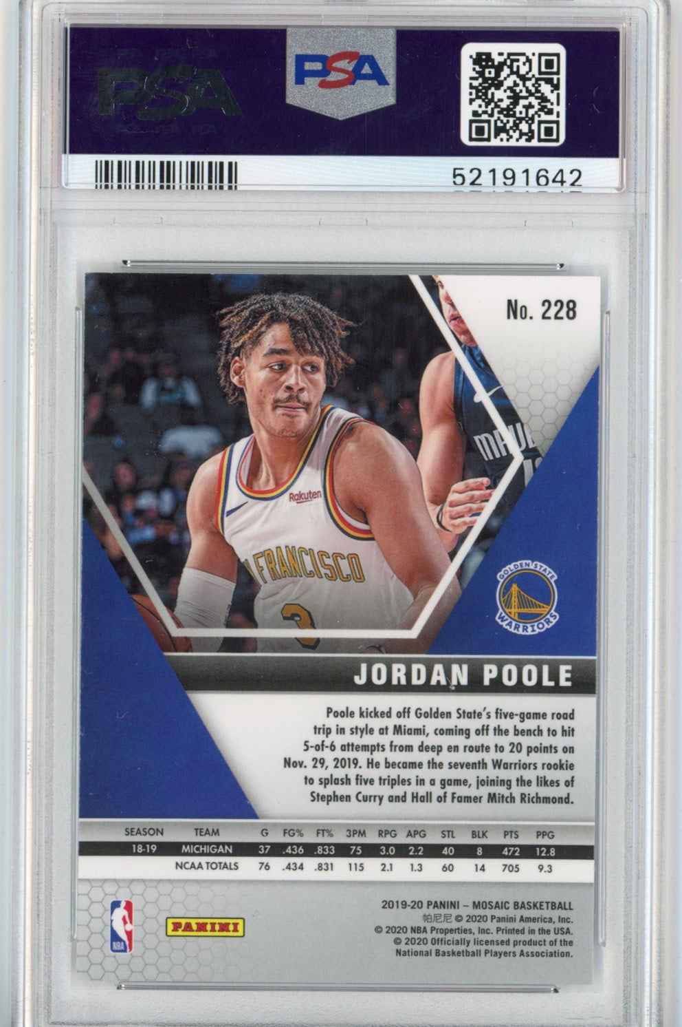 Graded 2019-20 Panini Mosaic Jordan Poole #228 Rookie RC Basketball Card PSA 10 Gem Mint