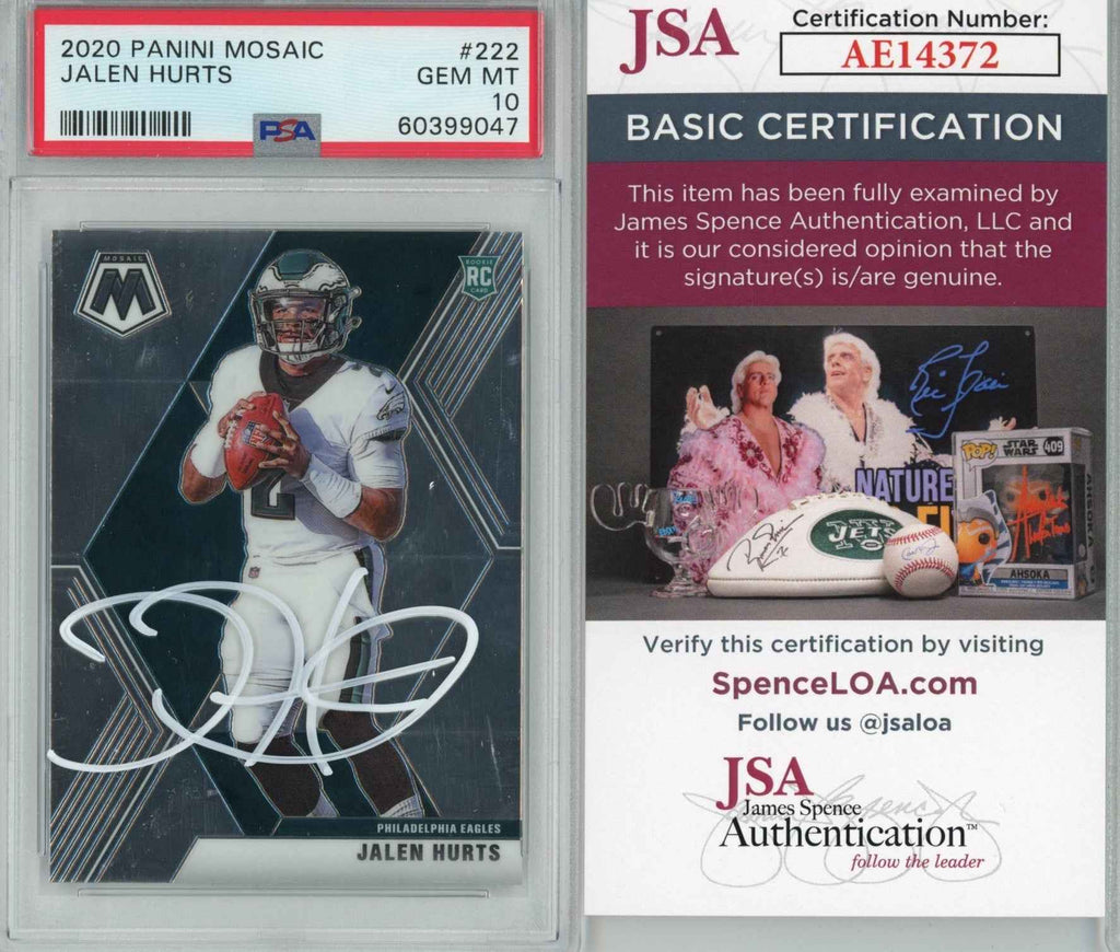 Graded 2020 Panini Mosaic Jalen Hurts #222 AUTO Rookie RC Football Card PSA 10 JSA COA