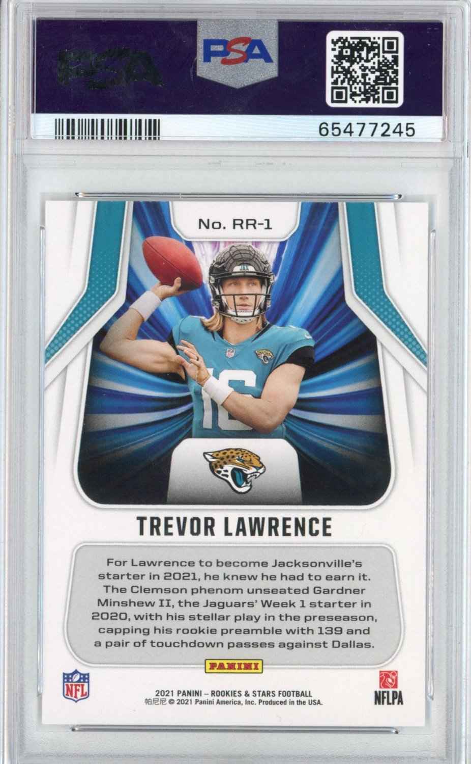 Graded 2021 Panini Rookies & Stars Trevor Lawrence #RR-1 Rookie Rush RC Football Card PSA 8 Near Mint