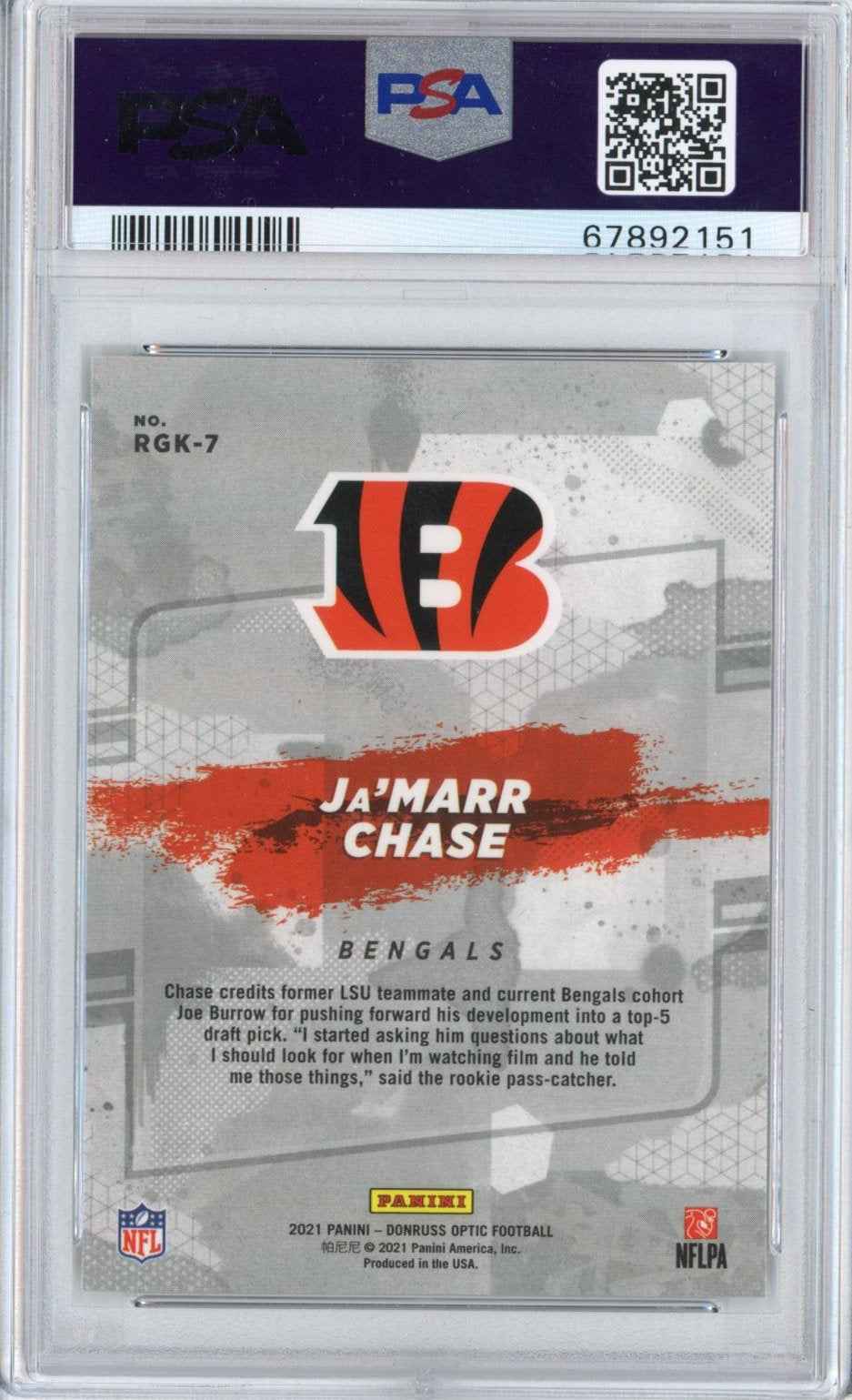 Graded 2021 Panini Donruss Optic Ja'Marr Chase #RGK7 Gridiron Kings Rookie RC Football Card PSA 10 Gem Mint