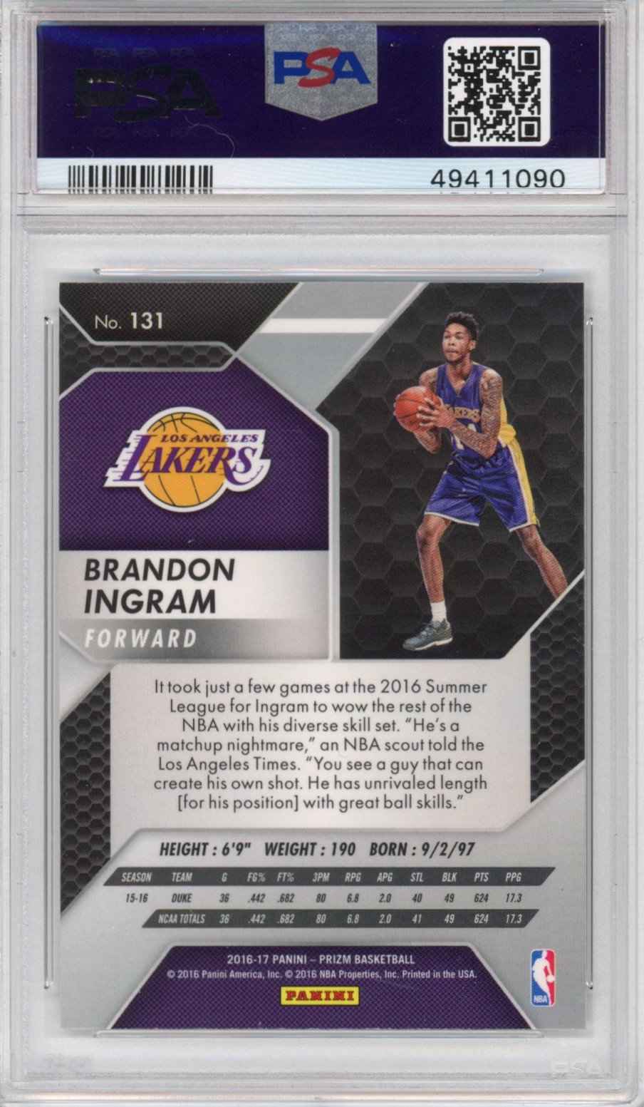 Graded 2016-17 Panini Prizm Brandon Ingram #131 Rookie RC Basketball Card PSA 10 Gem Mint