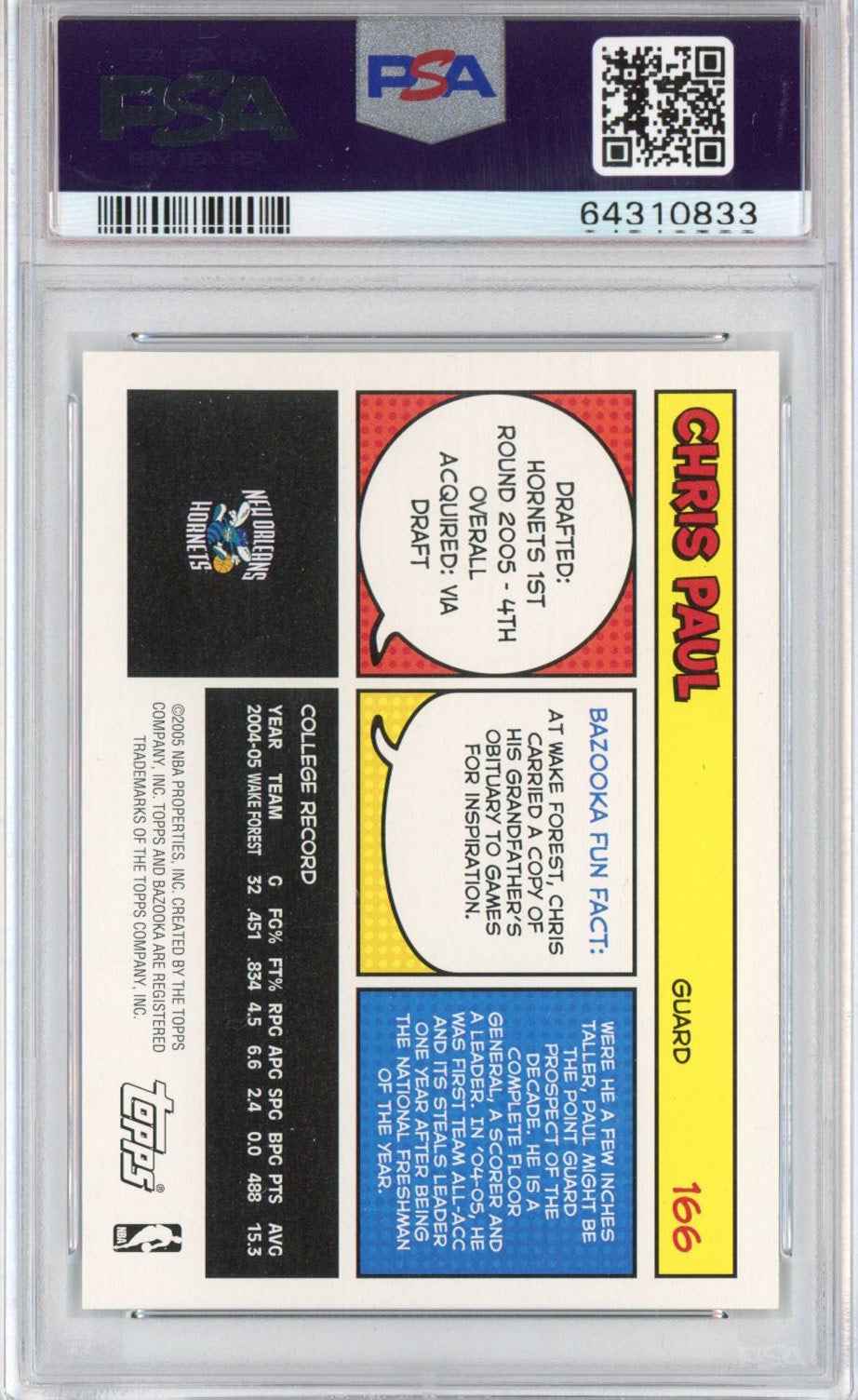 Graded 2005-06 Bazooka Chris Paul #166 Rookie RC Basketball Card PSA 9 Mint