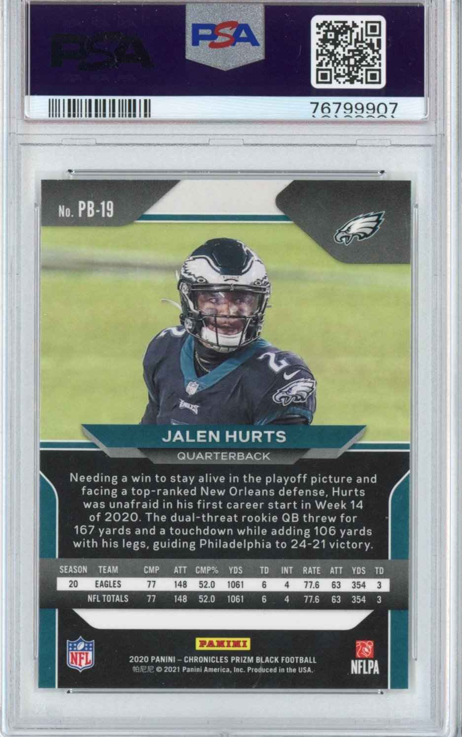 Graded 2020 Panini Chronicles Jalen Hurts #PB19 Prizm Black Rookie RC Football Card PSA 9 Mint